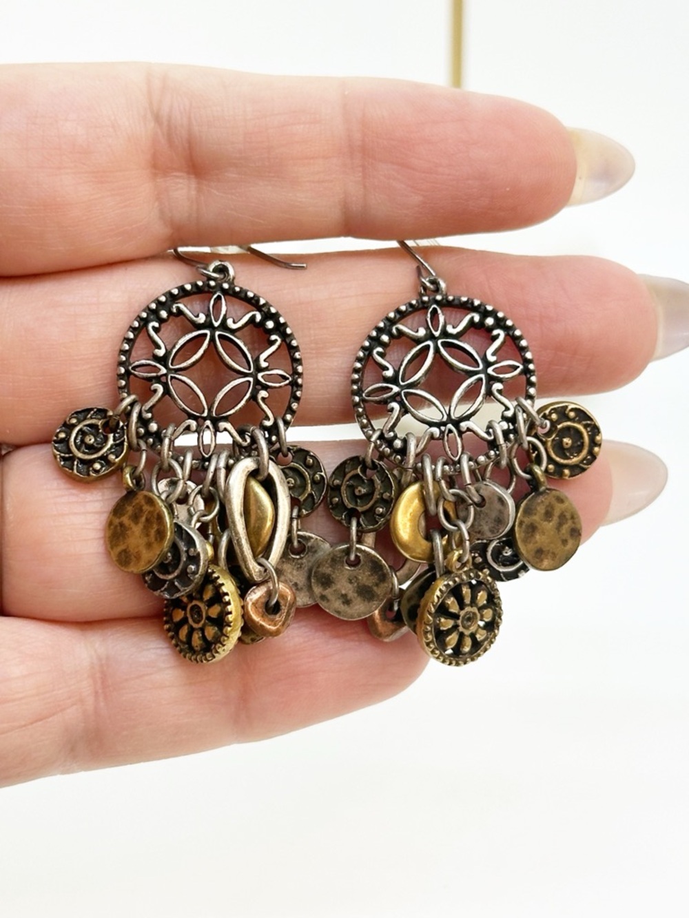 Boho Mixed Metal Dangle Earrings Antiqued Gold Silver and Bronze Tone